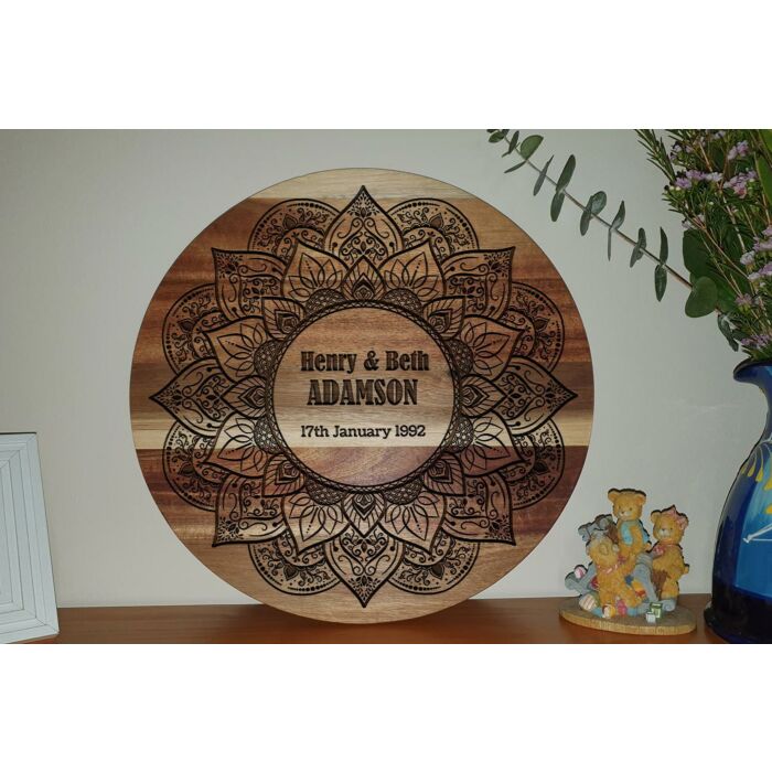 Personalised Round Chopping Board - Floral Mandala with Name